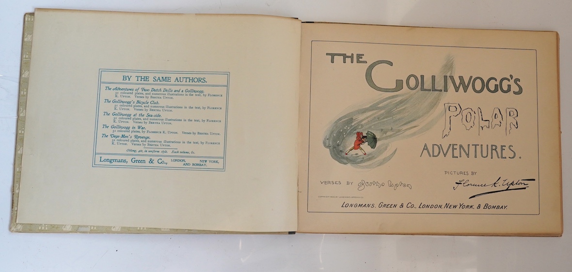 Upton, Bertha - The Golliwoggs Polar Adventures. 1st Edition. coloured pictorial title and 30 full page coloured illus. (by Florence Upton); original cloth backed pictorial boards with patterned e/ps., oblong 4to. (1900)